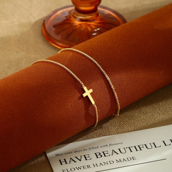 Women's 2-gold 14k Gold Plated Cross Choker Minimalist Simple Dainty Necklaces - Picture 6 of 7